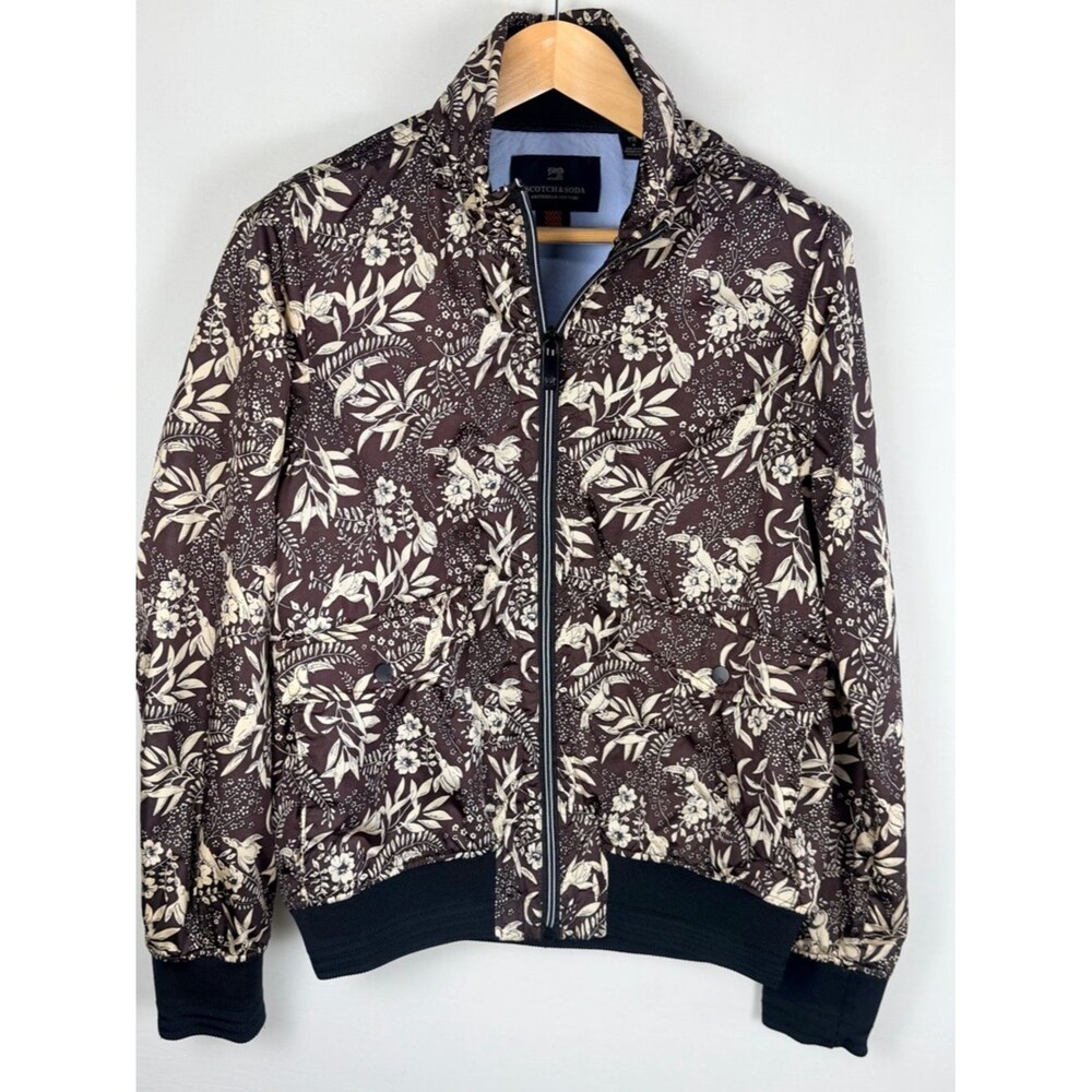 Scotch & Soda Jacket S Brown Cream Bird Floral Zip Bomber Lightweight Botanical